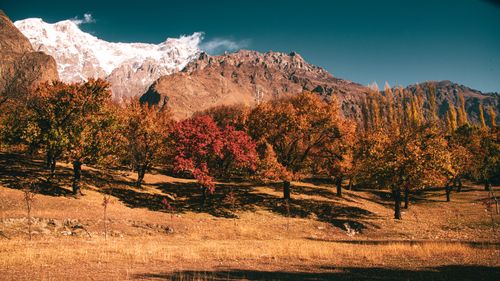Free Beautiful autumn scenery in Karimabad featuring vibrant foliage and snow-covered peaks. Stock Photo
