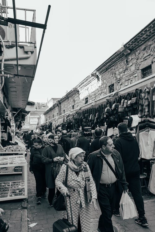 People on Bazaar in Black and White