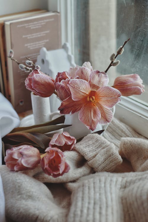 Flowers in a Vase and a Sweater on a Windowsill 
