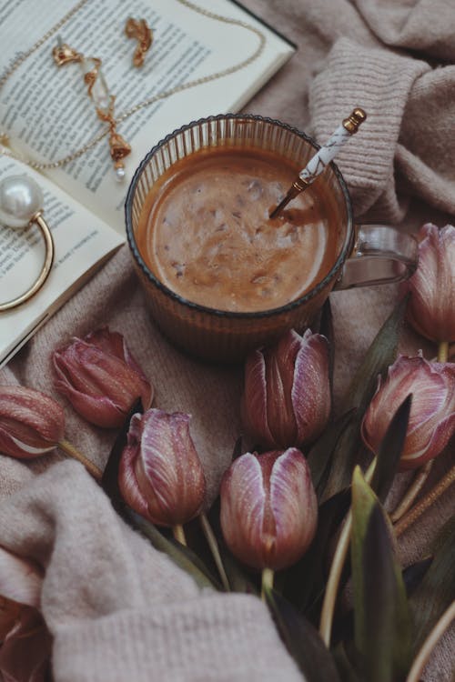 Free Coffee and a Bunch of Tulips  Stock Photo