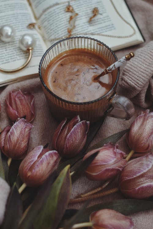 Blooming Tulips and a Glass of Coffee