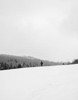 Lone skier traverses snowy slopes in Kolasin, Montenegro, capturing serene winter landscape.