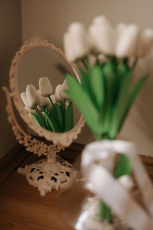 Mirror with Reflection of White Tulips