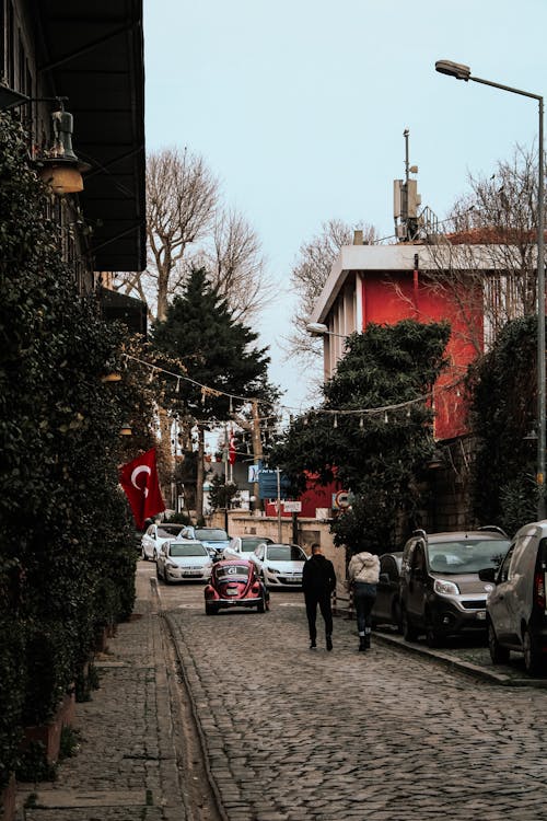 Cars Parked by Cobblestone Street in Town