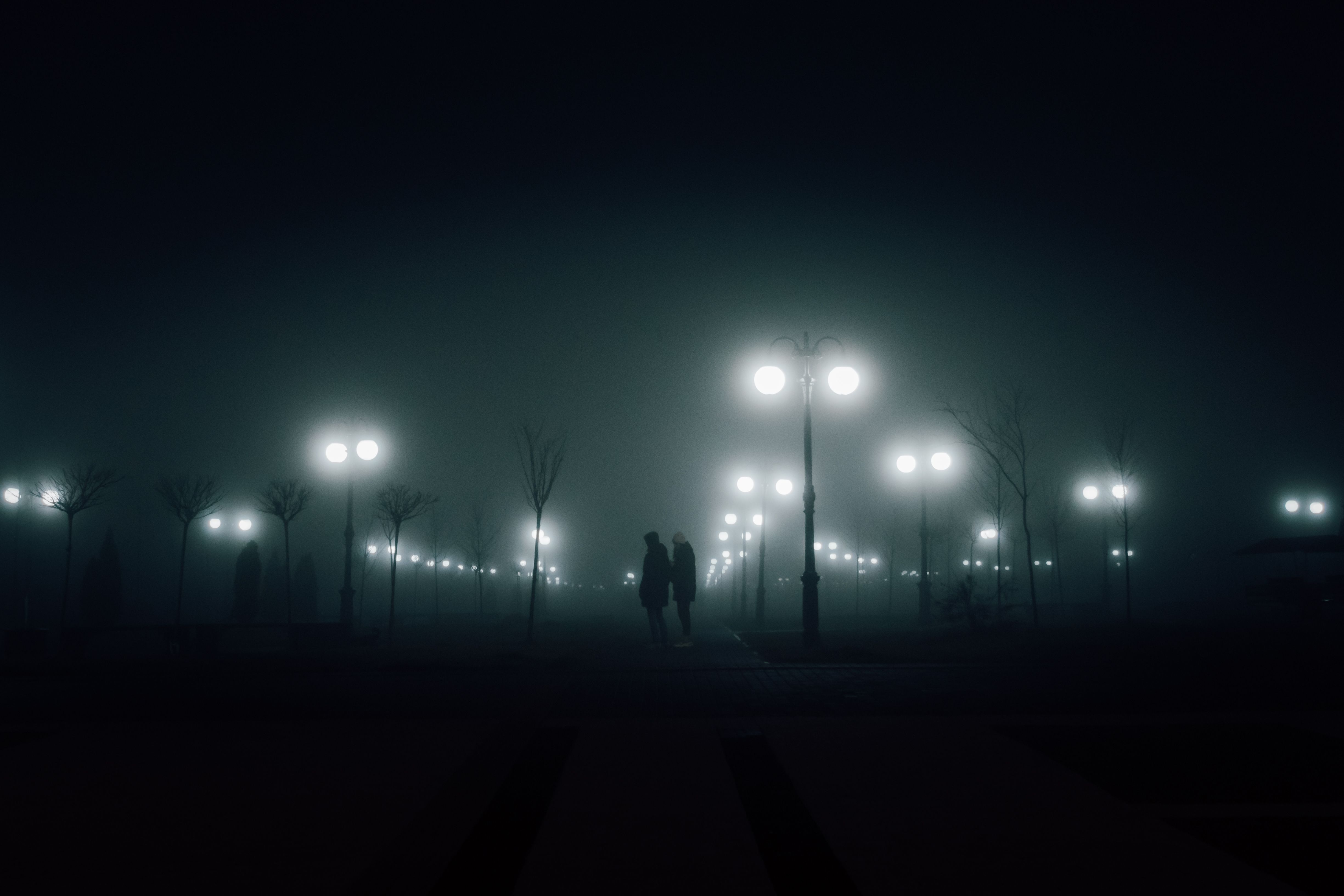 Silhouettes of People Walking in a Park in Fog at Night · Free Stock Photo