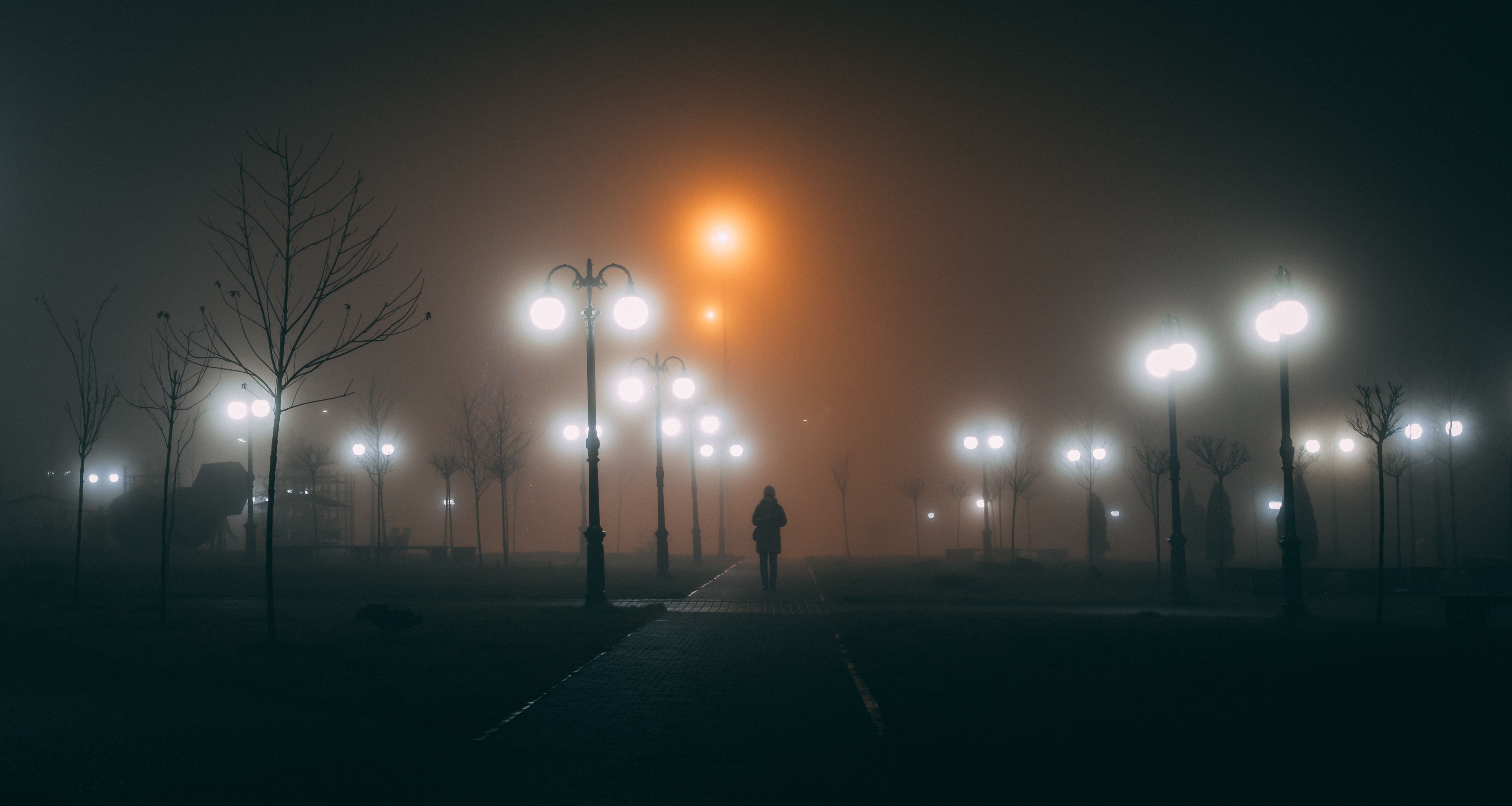 Silhouette of a Person Walking in a Foggy Park at Night · Free Stock Photo