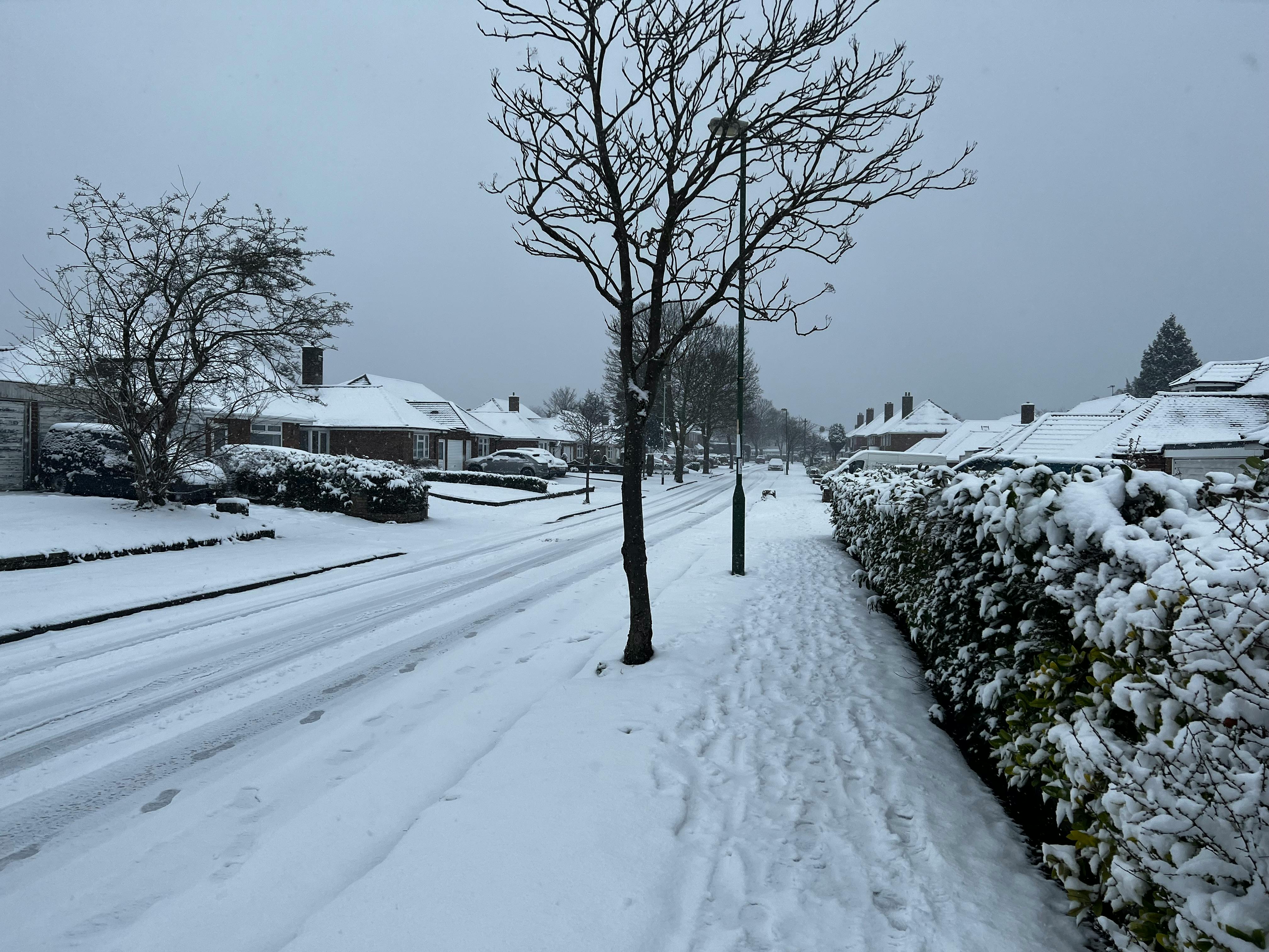 A serene winter scene of a snow-covered suburban street in Birmingham, England.
