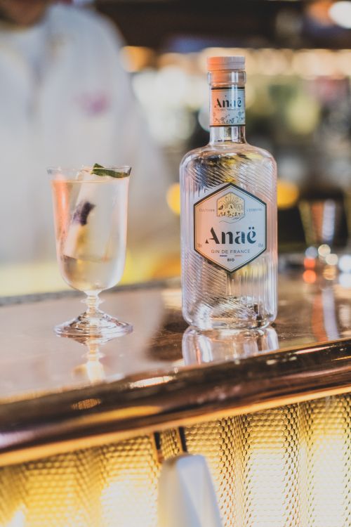 Free A stylish gin bottle beside a cocktail on a shiny bar counter, perfect for a nightlife setting. Stock Photo
