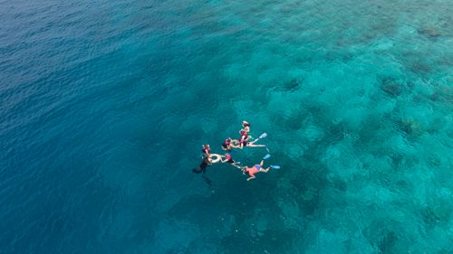 Free Aerial shot of a group snorkeling in clear turquoise waters near Dhonfanu, Maldives. Stock Photo