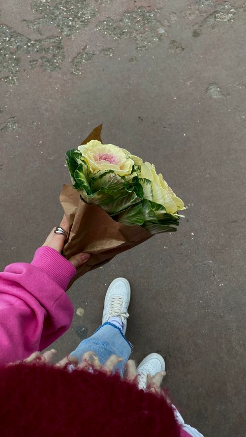 Free Top-down view of a person holding a bouquet in casual attire outdoors. Stock Photo