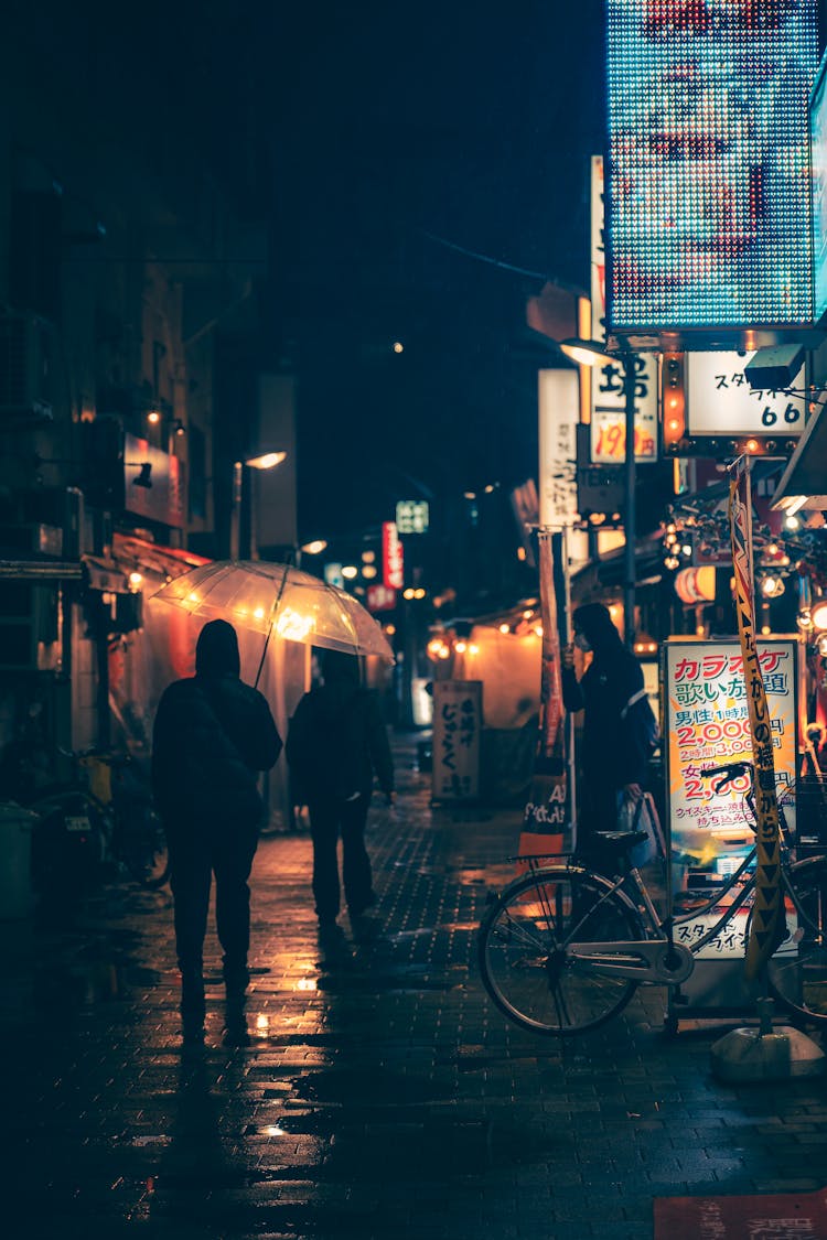 People Walking In City In Rain At Night 