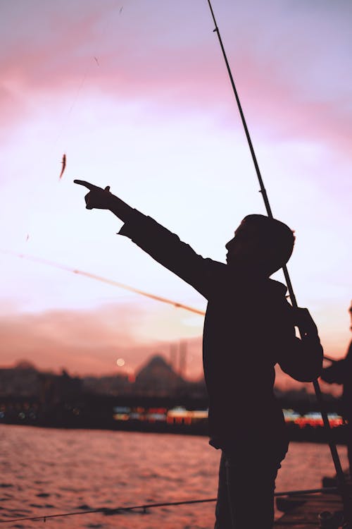 Silhouette of a Boy Fishing on a Pier in the Evening · Free Stock Photo
