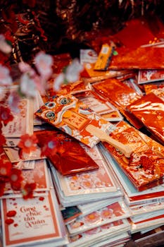 A colorful collection of Lunar New Year cards and decorations celebrating tradition and culture.