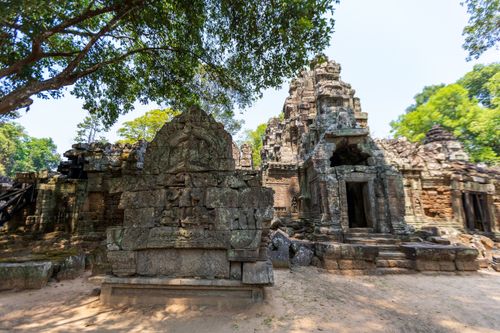 Free Explore the ancient temple ruins of Angkor beneath lush trees. A glimpse into history. Stock Photo