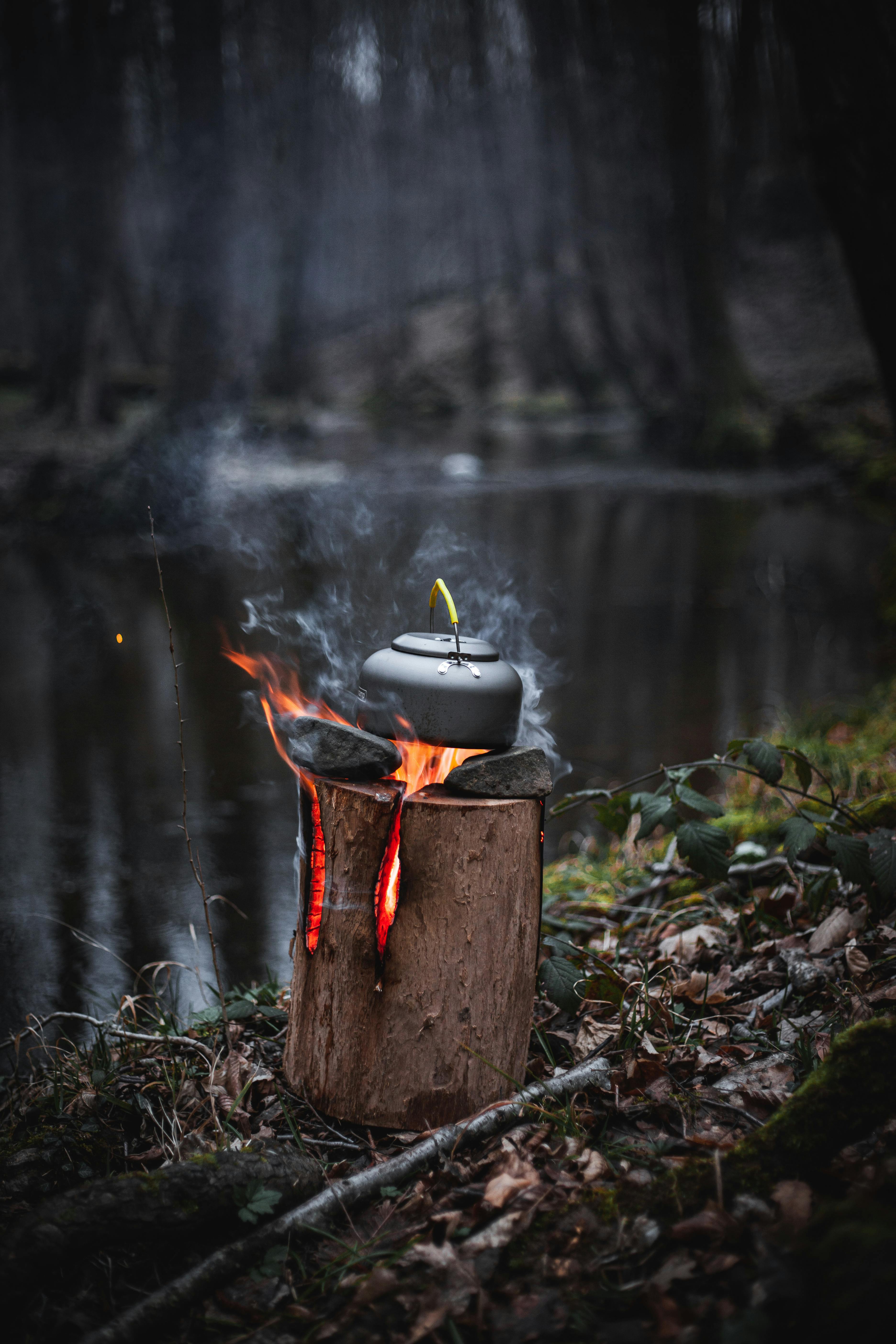 Tea kettle on bonfire in forest