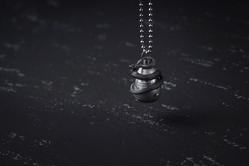 Free Close-up of a silver snake-themed necklace hanging against a black textured background. Stock Photo