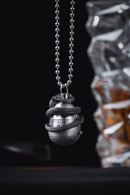 Free Silver snake pendant captured with black background and moody lighting. Stock Photo