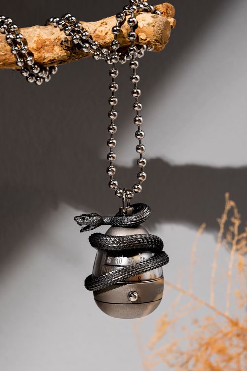 Free Stylish silver necklace featuring a snake wrapped around a sphere hanging from a branch. Stock Photo