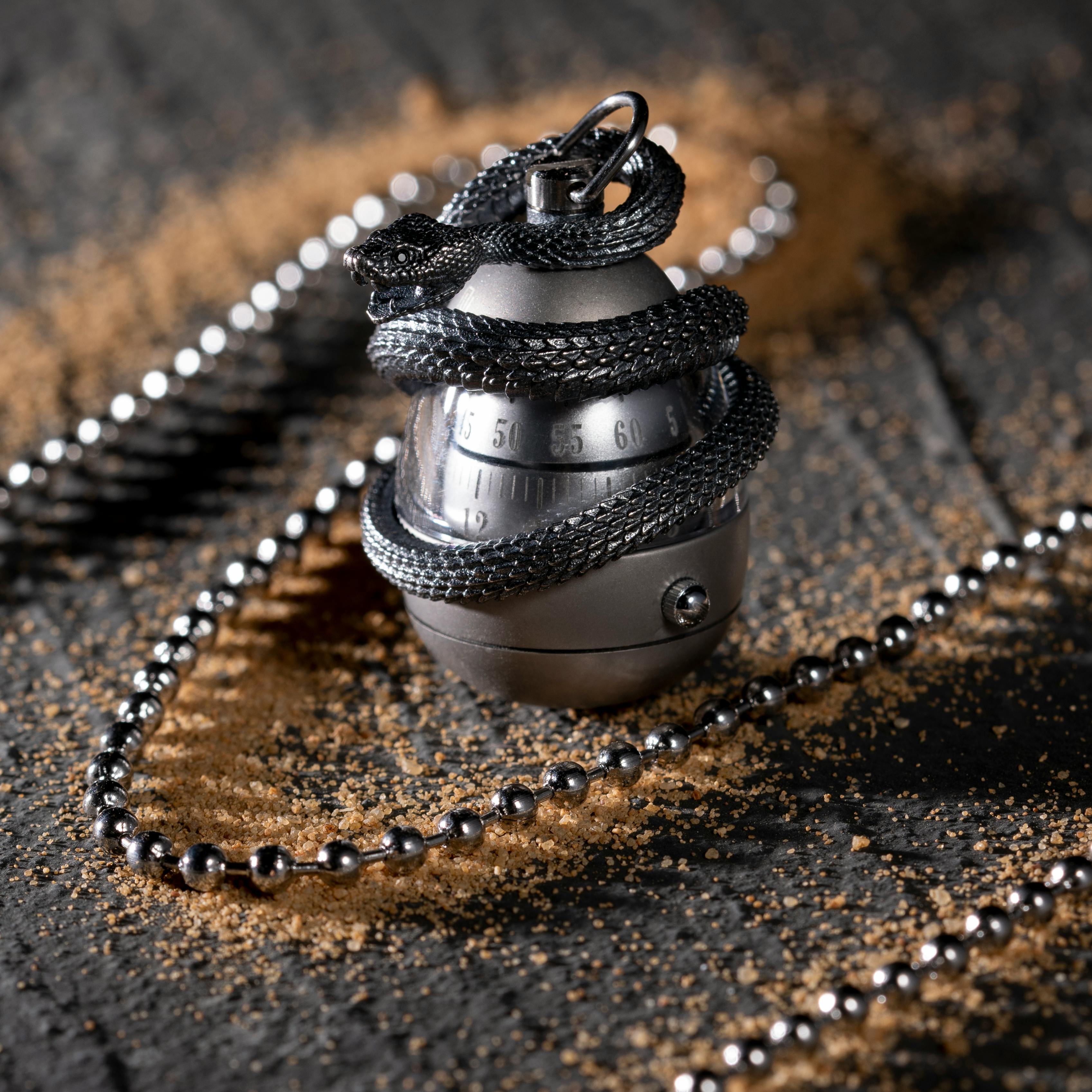 A close-up of a snake wrapped around an egg-shaped watch surrounded by chain links on a textured surface.