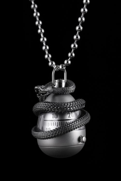 Free Elegant necklace featuring a snake-wrapped egg-shaped timer on a black background. Stock Photo