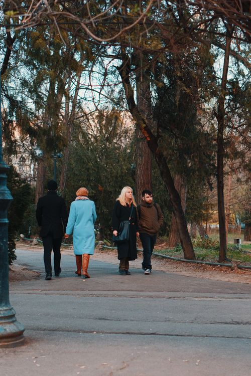 Free Four adults walking on a paved path surrounded by trees and nature. Stock Photo