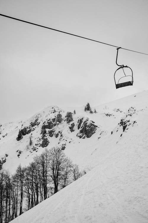View of an Empty Ski Lift over a Slope and Trees in the Background 