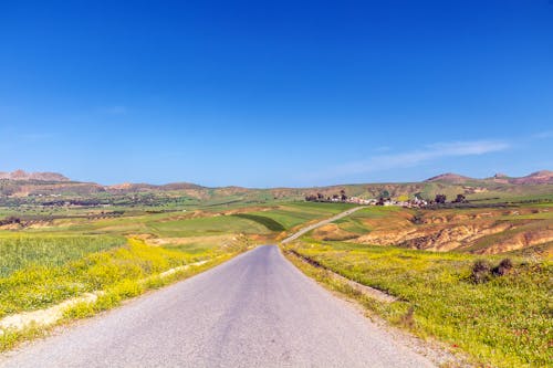 Landscape of a Road through Countryside Fields and Hills 