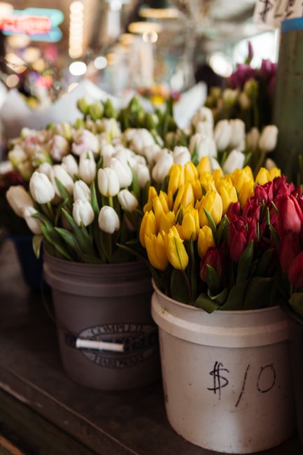 Colorful tulips in buckets displayed at an indoor flower market, ready for sale.