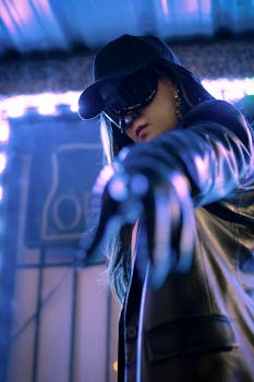 Woman in futuristic attire poses dramatically in neon-lit setting.