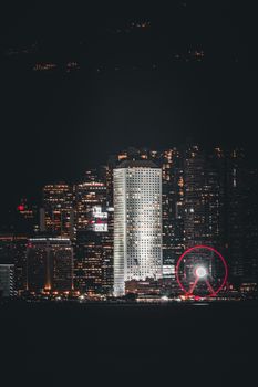 Captivating city skyline at night featuring a brightly lit Ferris wheel and skyscrapers.