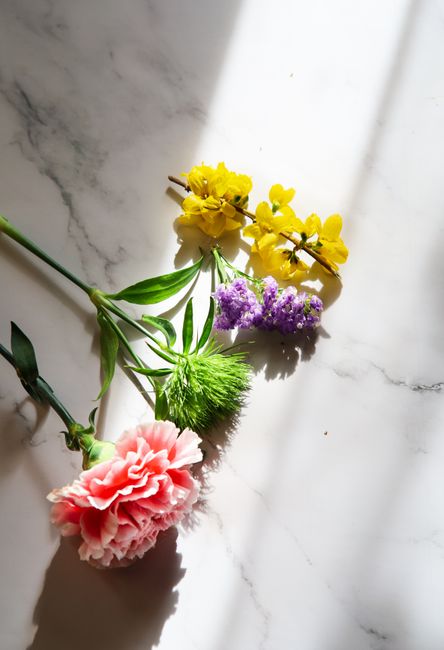 A vibrant flat lay of various flowers on a sunlit marble surface, perfect for decor inspiration.