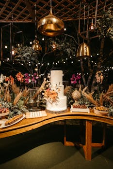 A beautifully decorated wedding cake amidst floral arrangements and ambient lighting.
