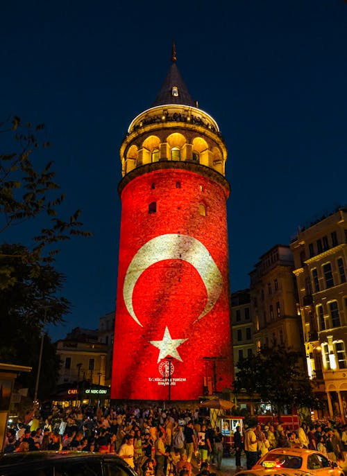 Turkish Flag on Galata Tower at Night