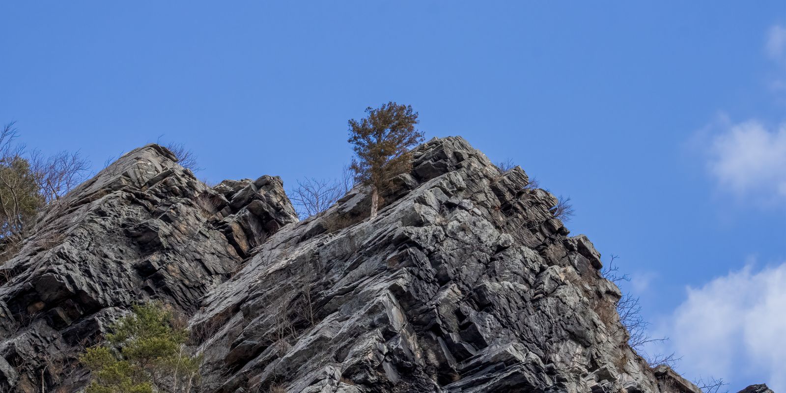 Striking rocky cliffs against a clear blue sky in West Virginia