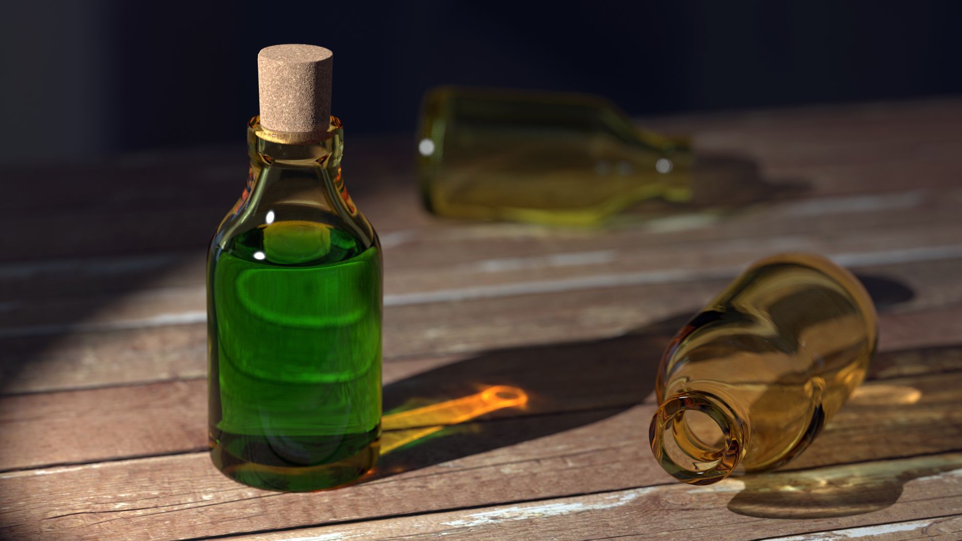 Close-up of a corked green glass bottle with two lying amber bottles casting dramatic shadows.