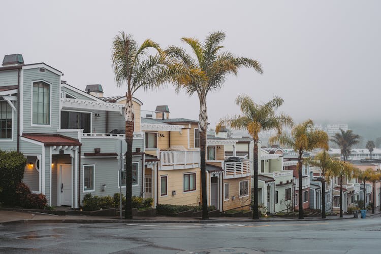 Clouds Over Street In Town With Palm Trees After Rain