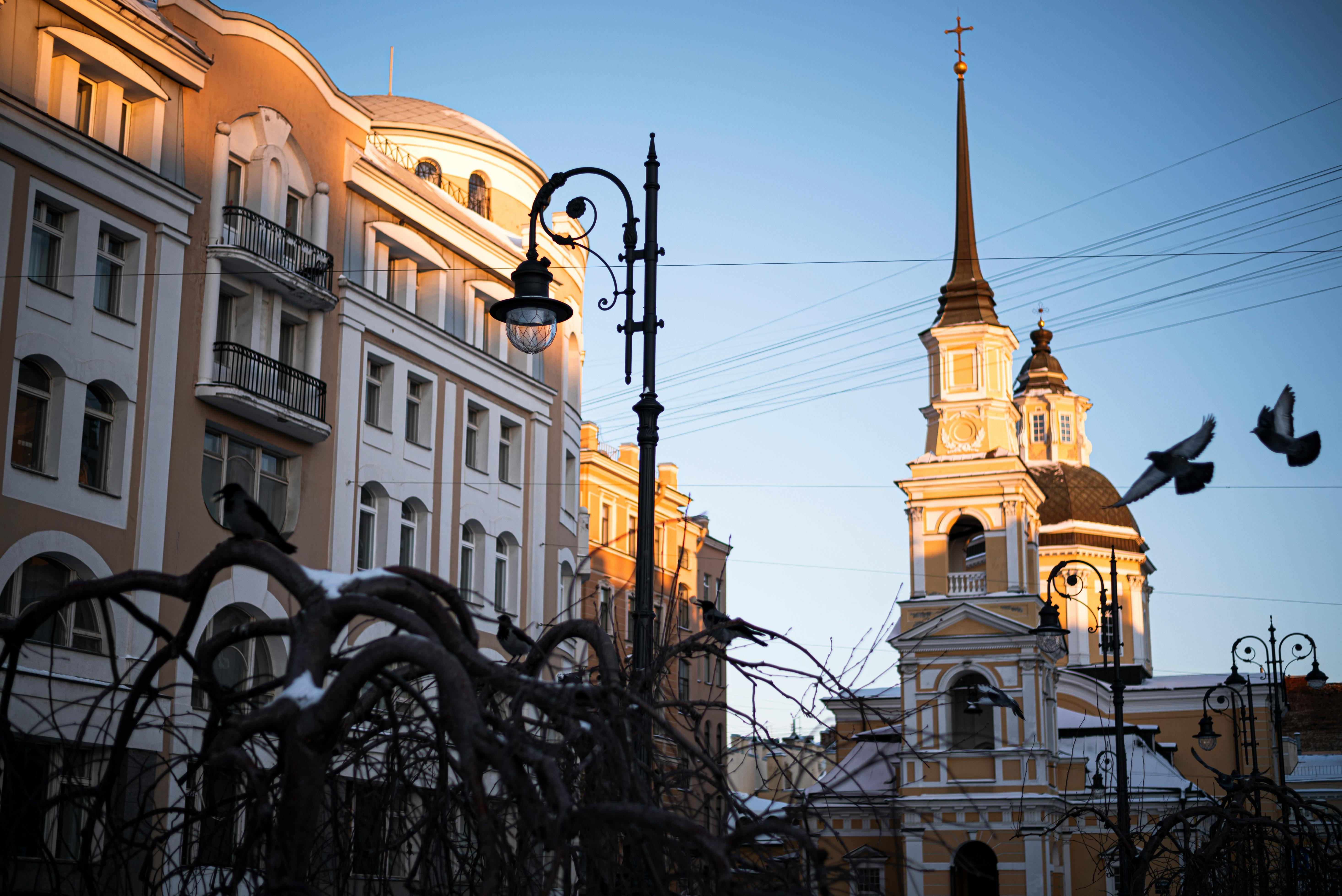 Street view of historic buildings in Saint Petersburg with pigeons and sunset lighting.