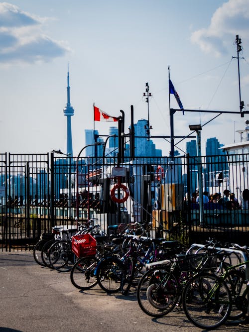 Free View of Bicycles Parked near a Fence with View of the Toronto Skyline in the Background  Stock Photo