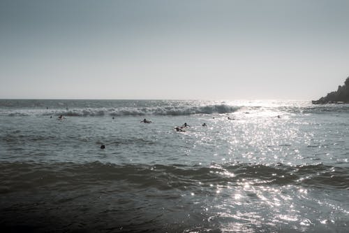 A group of people swimming in the ocean