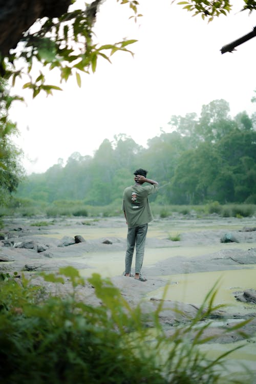 Back View of Man on Swamp in Forest