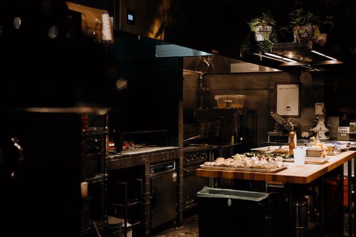 Restaurant prep line with ingredients ready for service