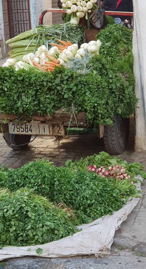 Vegetables and Leaves on Cart on Farm
