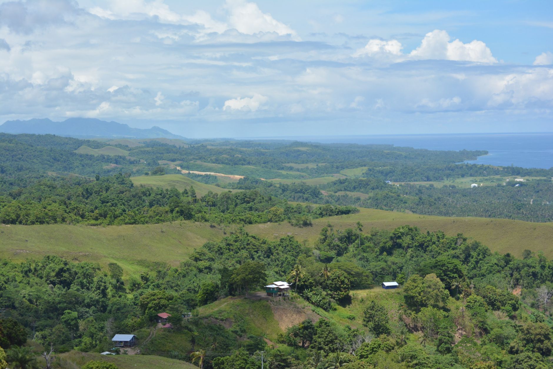 Breathtaking aerial view of green forests, rolling hills, and a distant ocean horizon under a clear blue sky.
