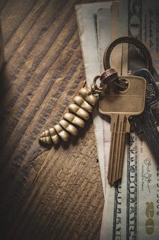A golden keychain and keys on US dollar bills on a rustic wooden surface.