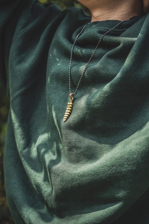 Free Close-up of a green sweater with a unique gold dragon-tail pendant necklace. Stock Photo