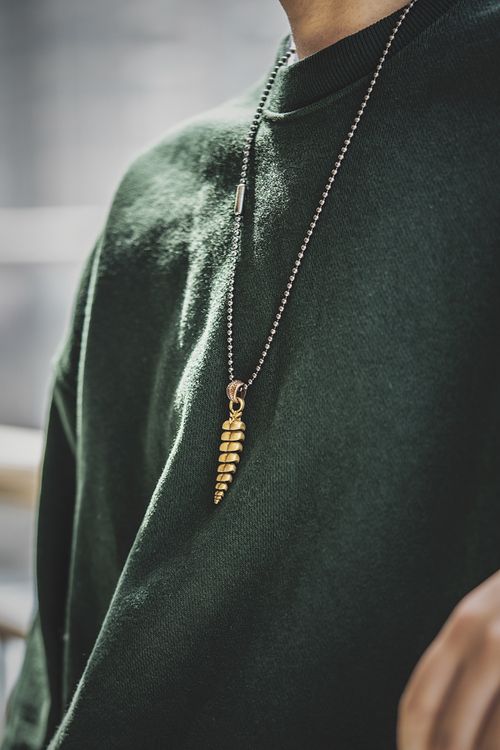 Free Detailed view of a person in green attire wearing a golden pendant with unique design. Stock Photo