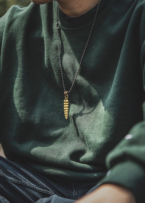 Free Stylish necklace with a golden pendant on a green sweater, captured in a moody setting. Stock Photo