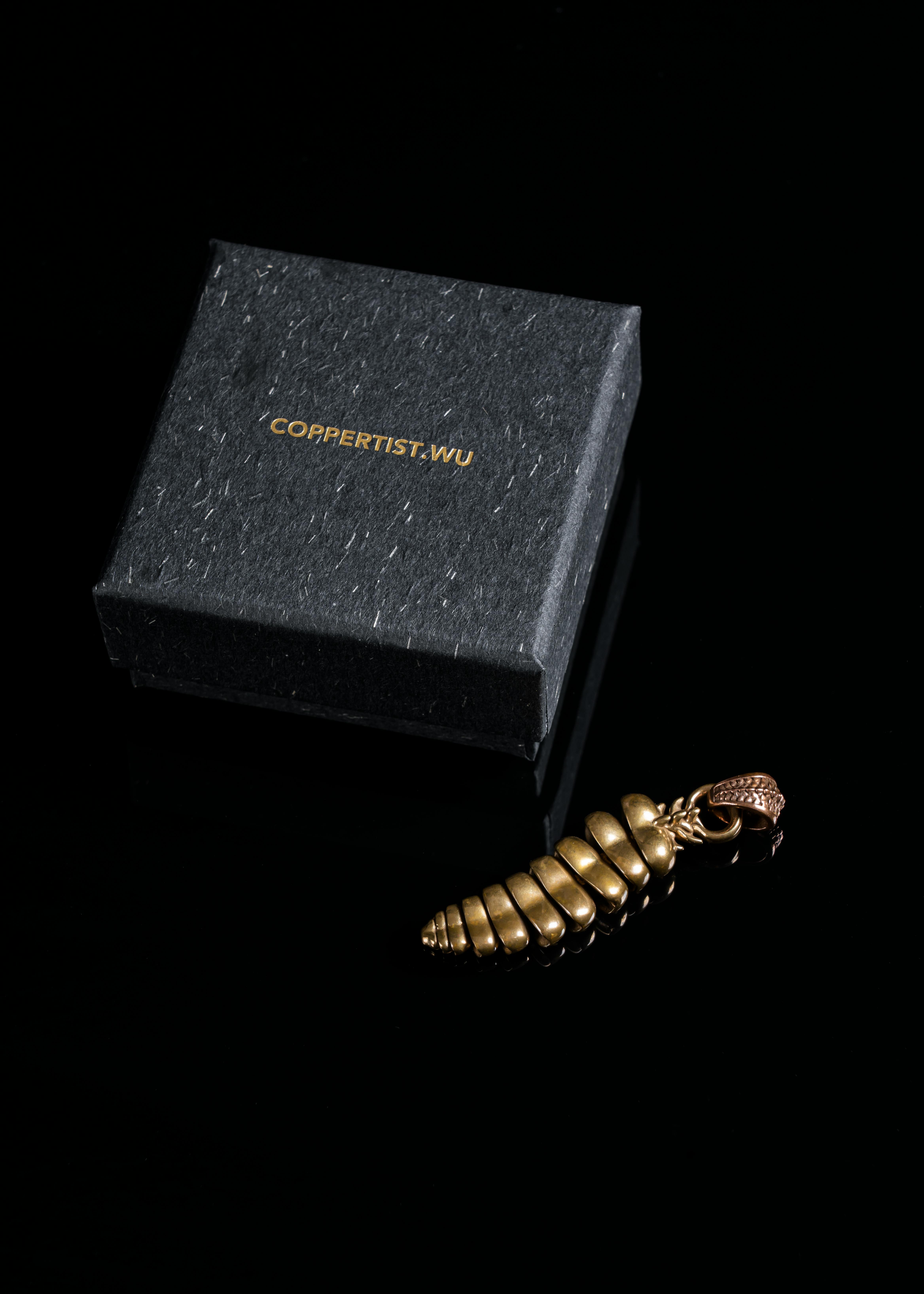 Artistic shot of a golden dragon tail jewelry piece next to a Coppertist Wu box.