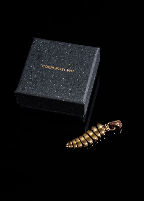 Free Artistic shot of a golden dragon tail jewelry piece next to a Coppertist Wu box. Stock Photo
