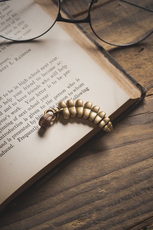 Free Close-up of a vintage book page with a golden dragon bookmark and eyeglasses on a wooden surface. Stock Photo